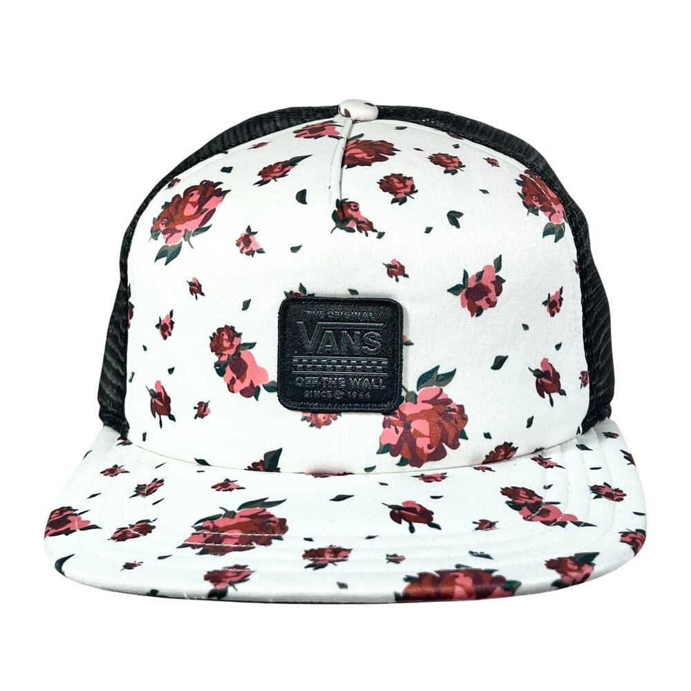 Vans Off The Wall Logo Patch Trucker Hat Cap White Roses Floral Print Snapback